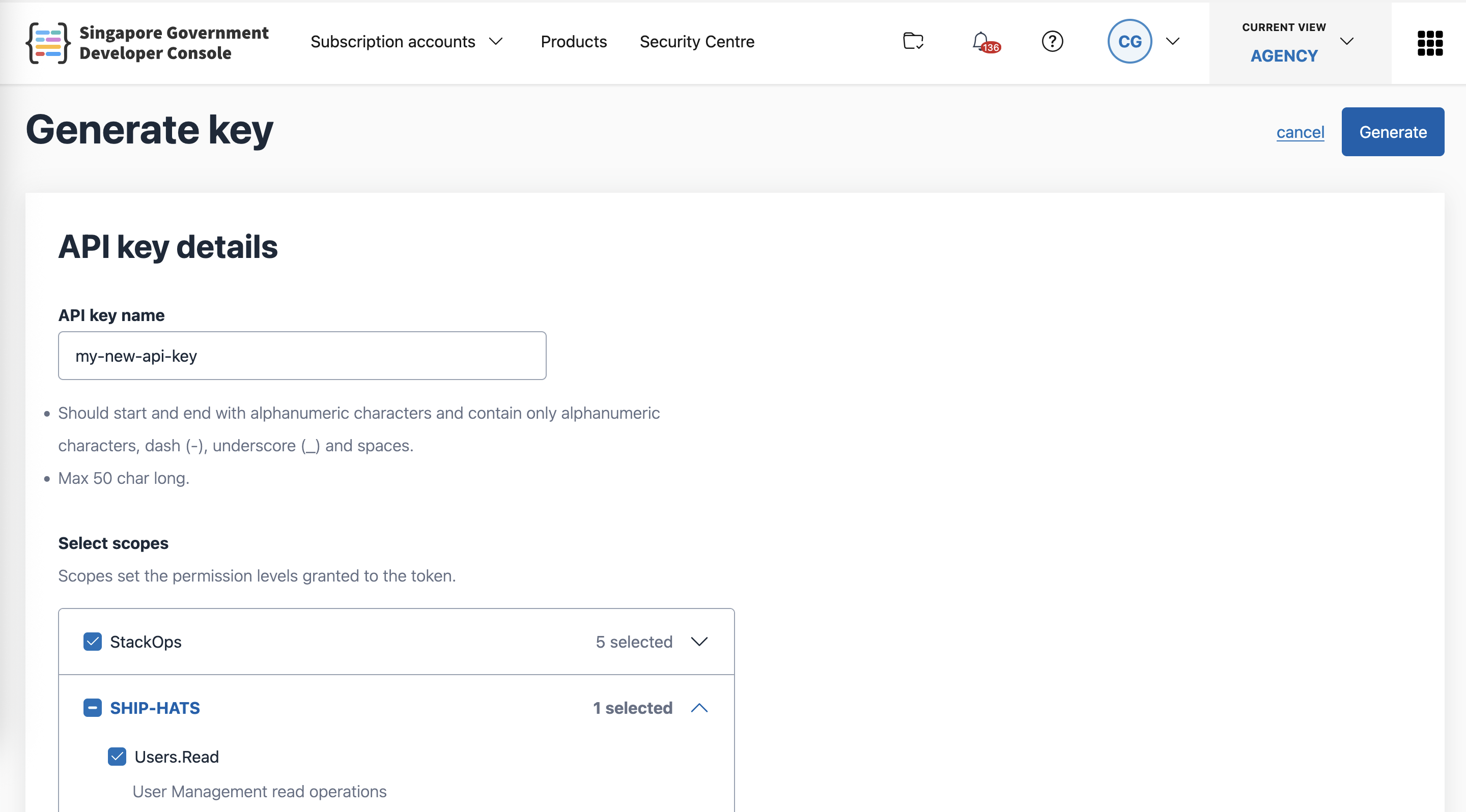 API keys create form