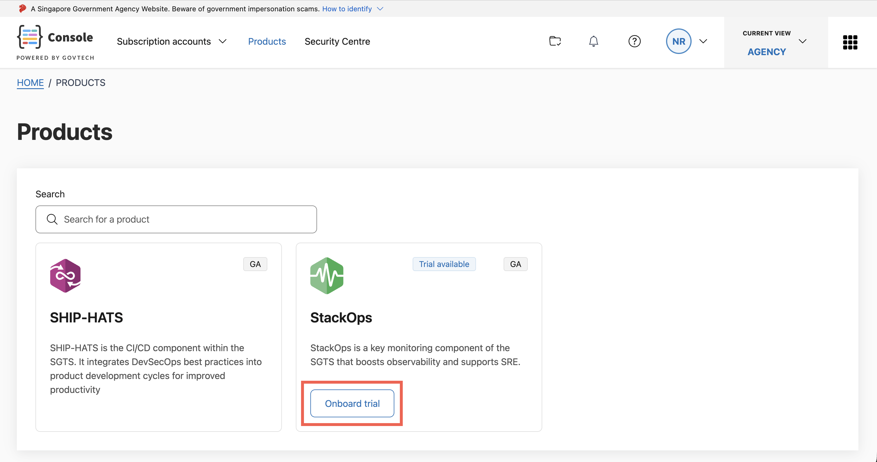 Products page showing trial available products
