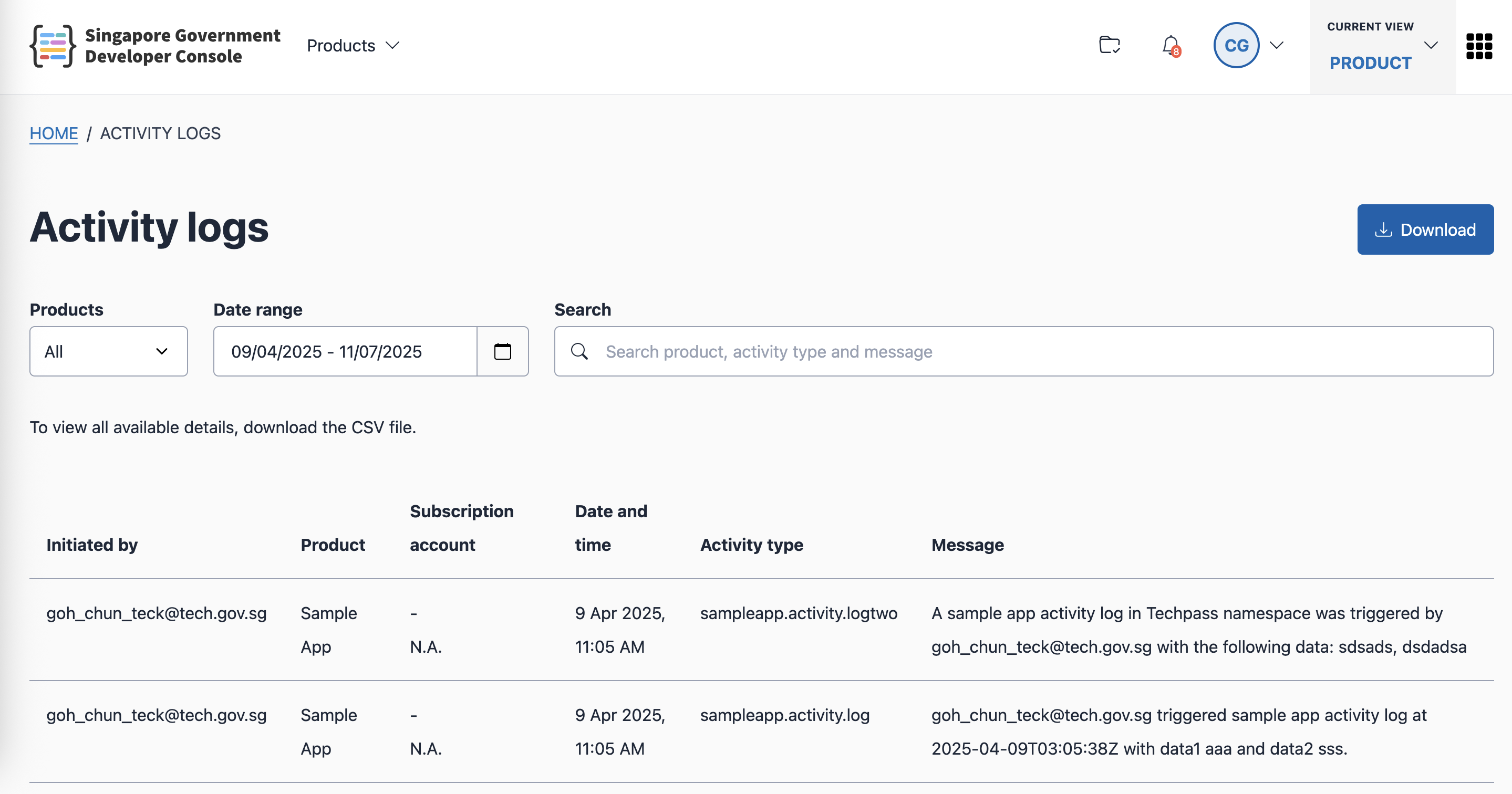 Activity Logs for Product