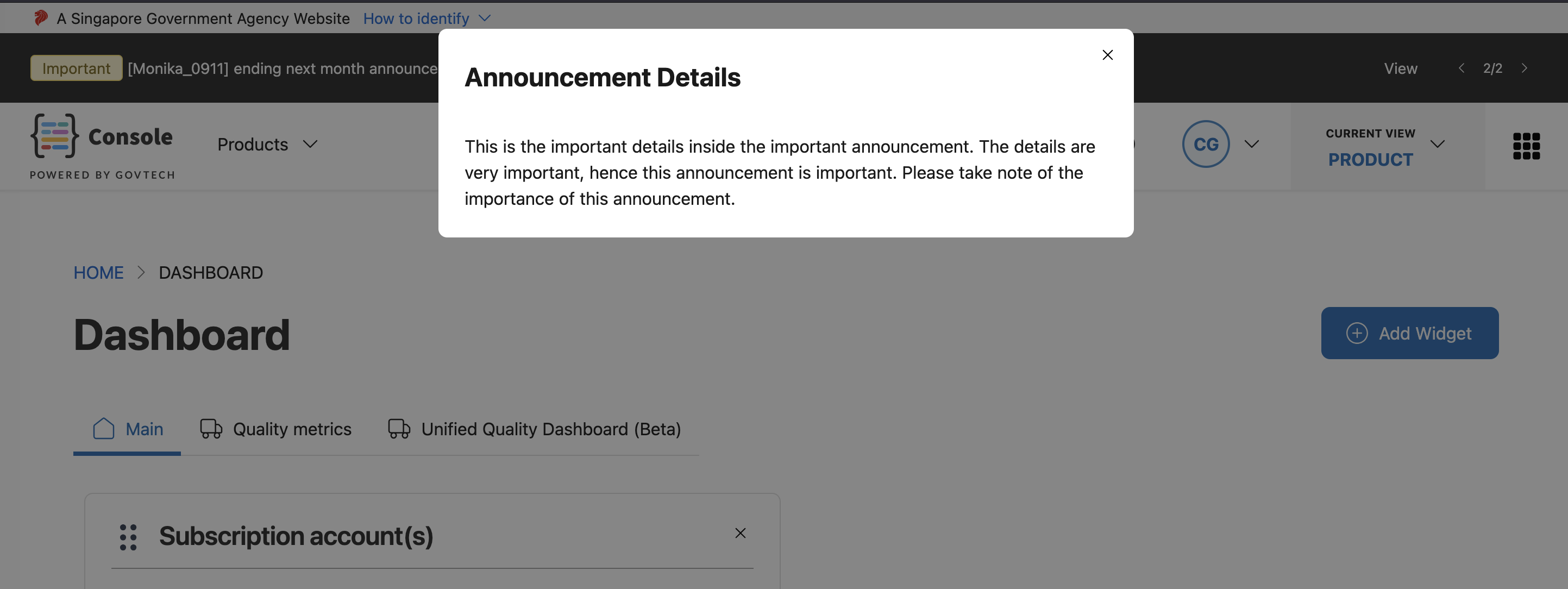 Announcement modal