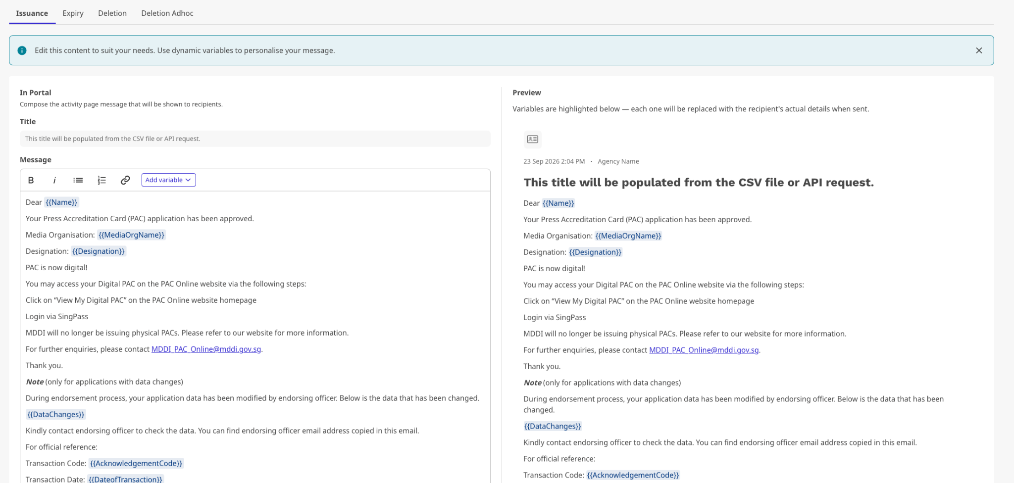 Notification template editor