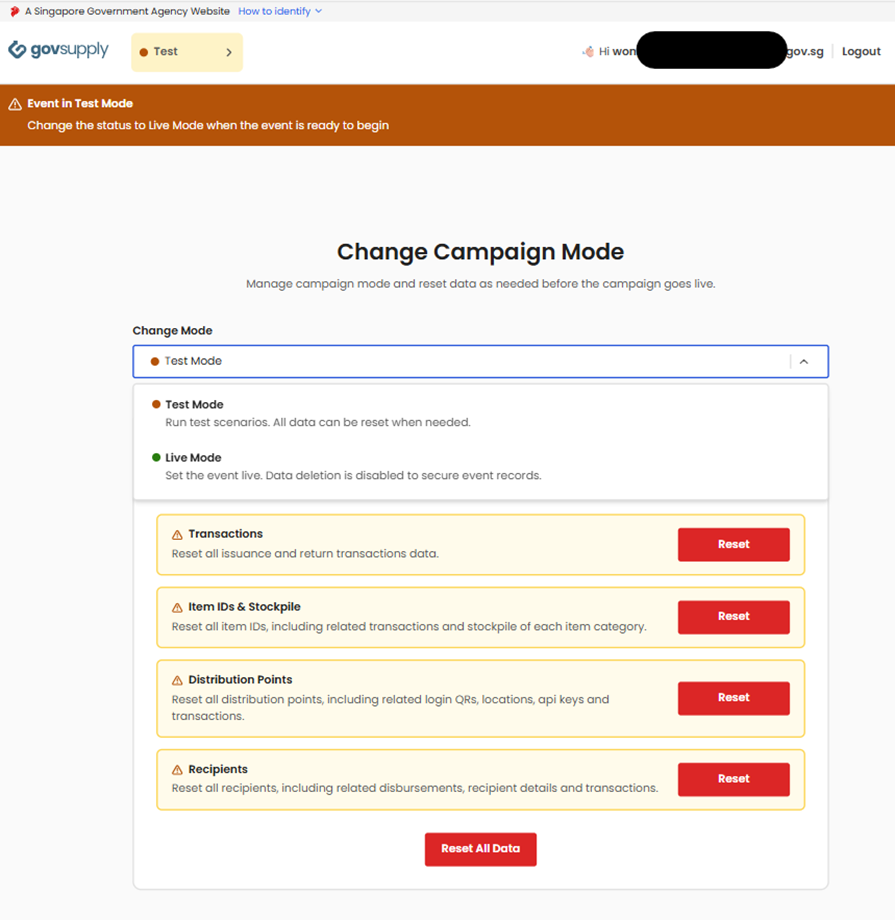 Test Mode Data Reset Page