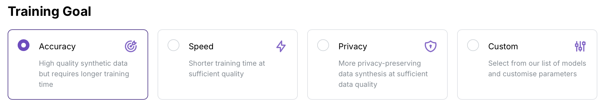 Selecting \"Accuracy\" automatically selects a more accurate model according to your dataset.