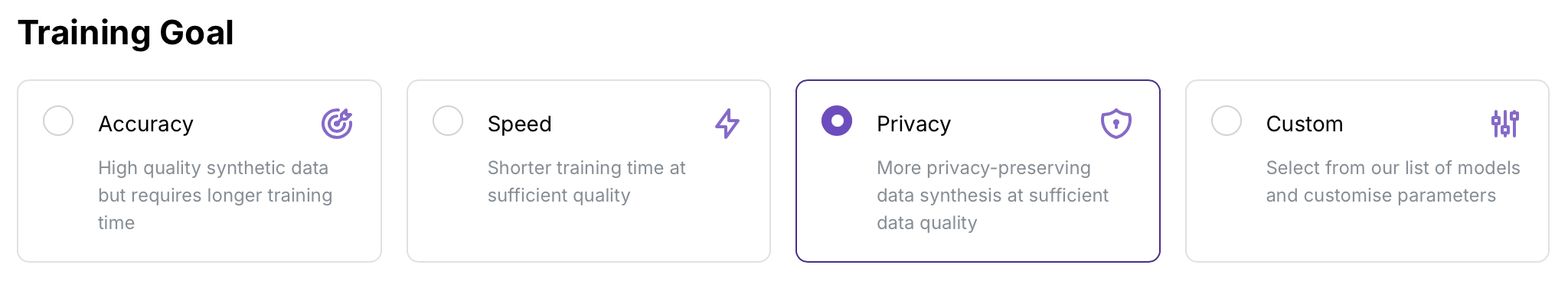 Selecting \"Privacy\" automatically selects a privacy-preserving model and lets you configure privacy risk settings.