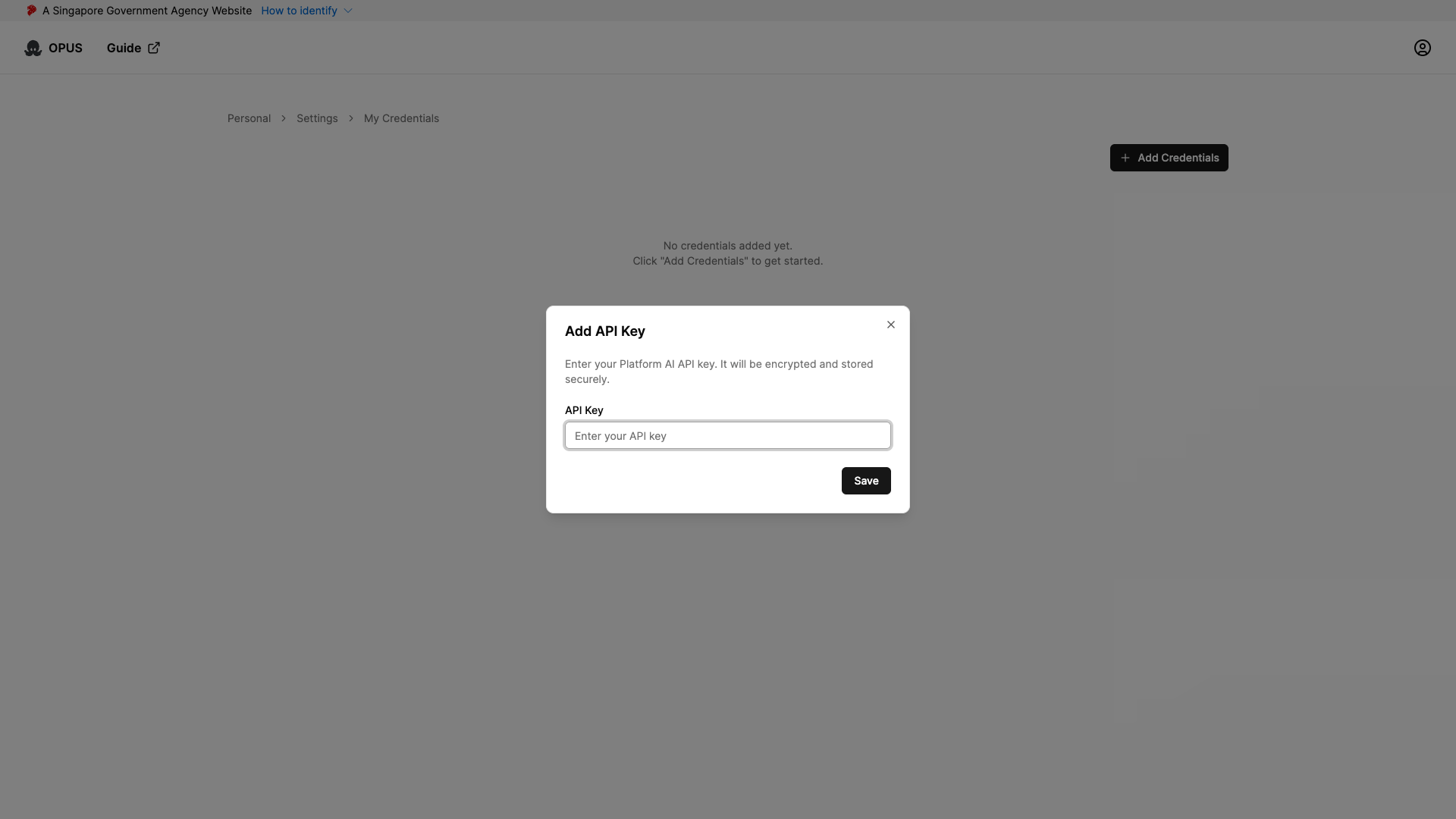 Add Platform AI API Key dialog