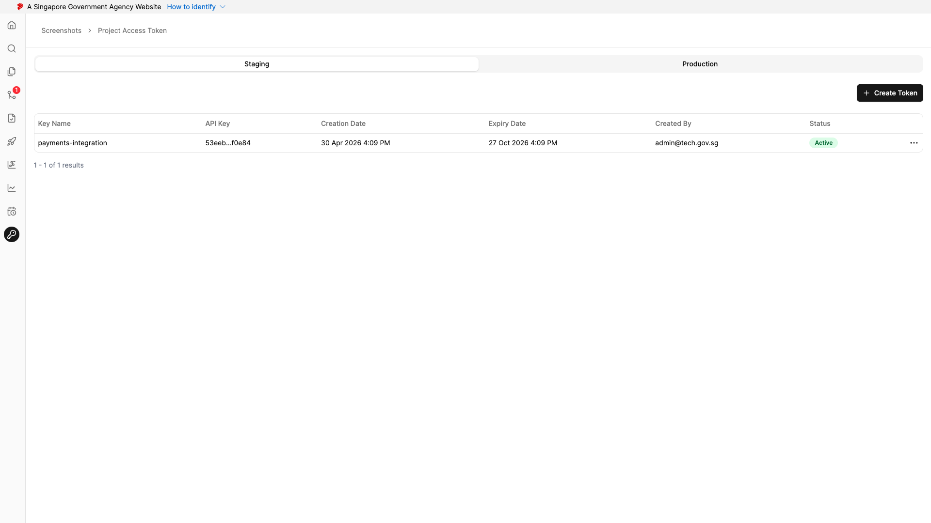 Project access token list showing an active token