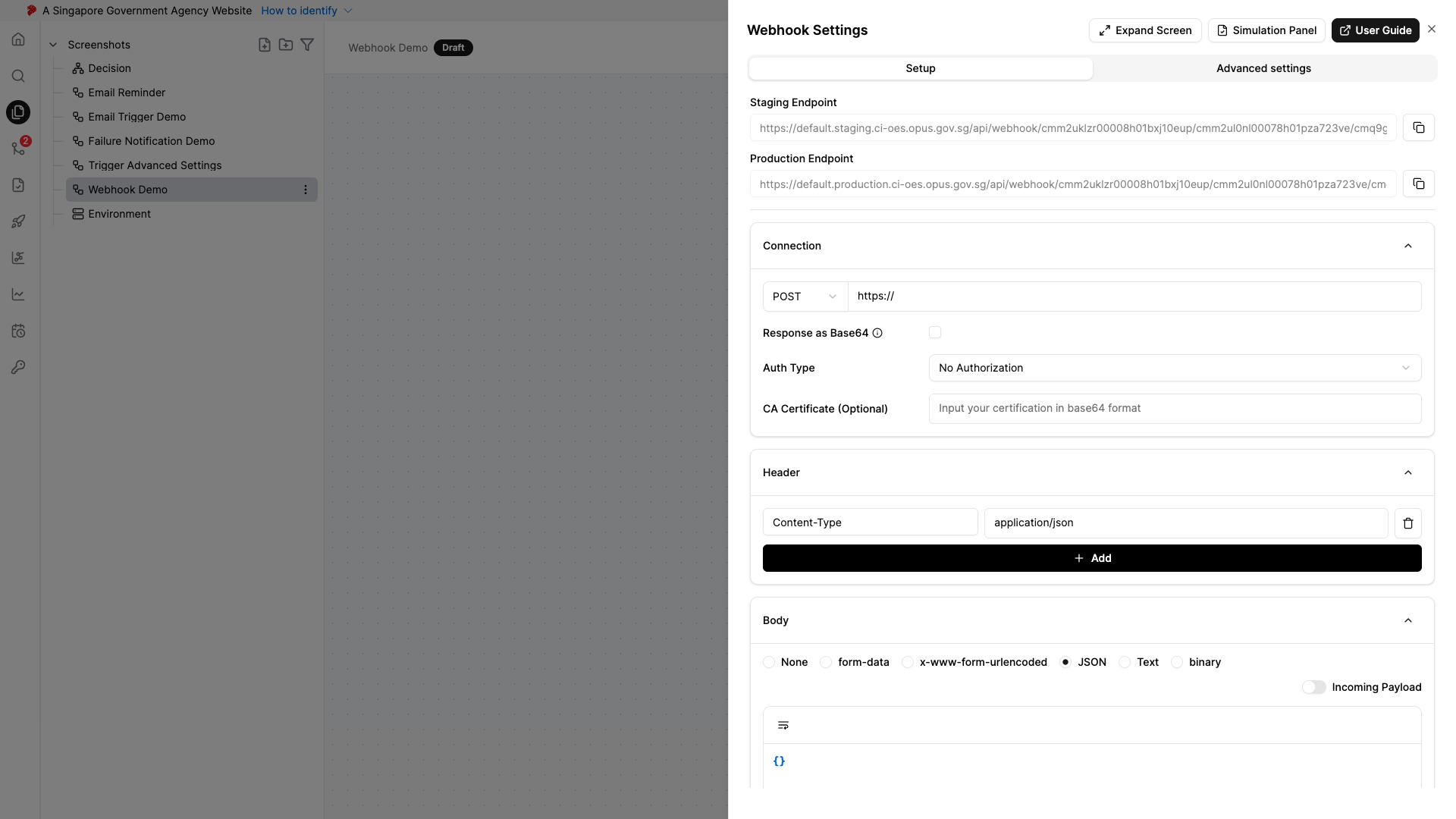 Webhook Node Settings