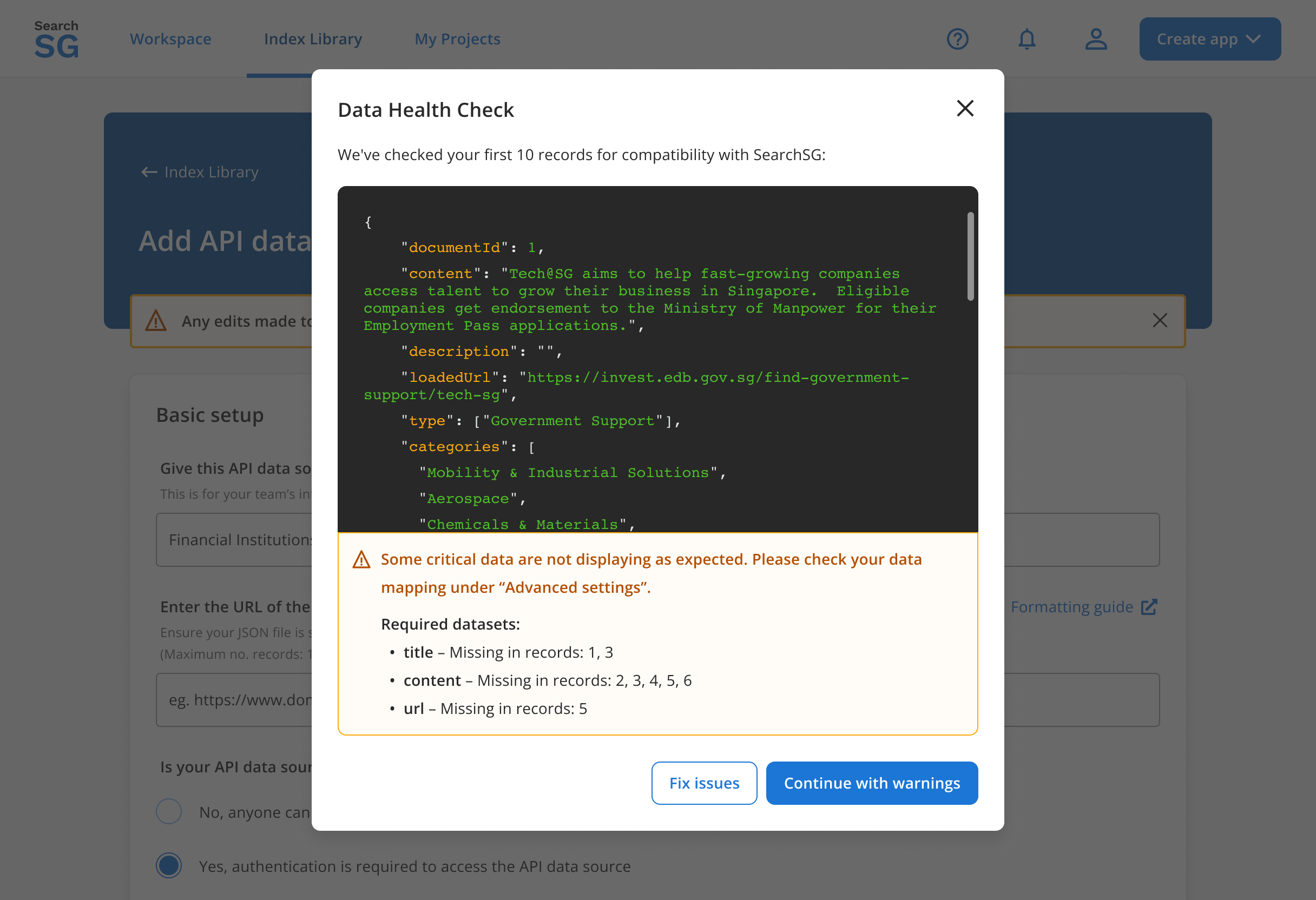 API data sources health check fail