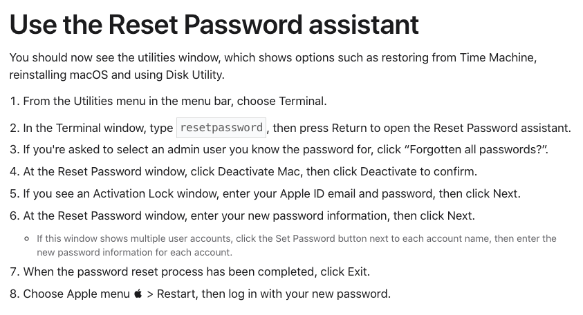 reset password