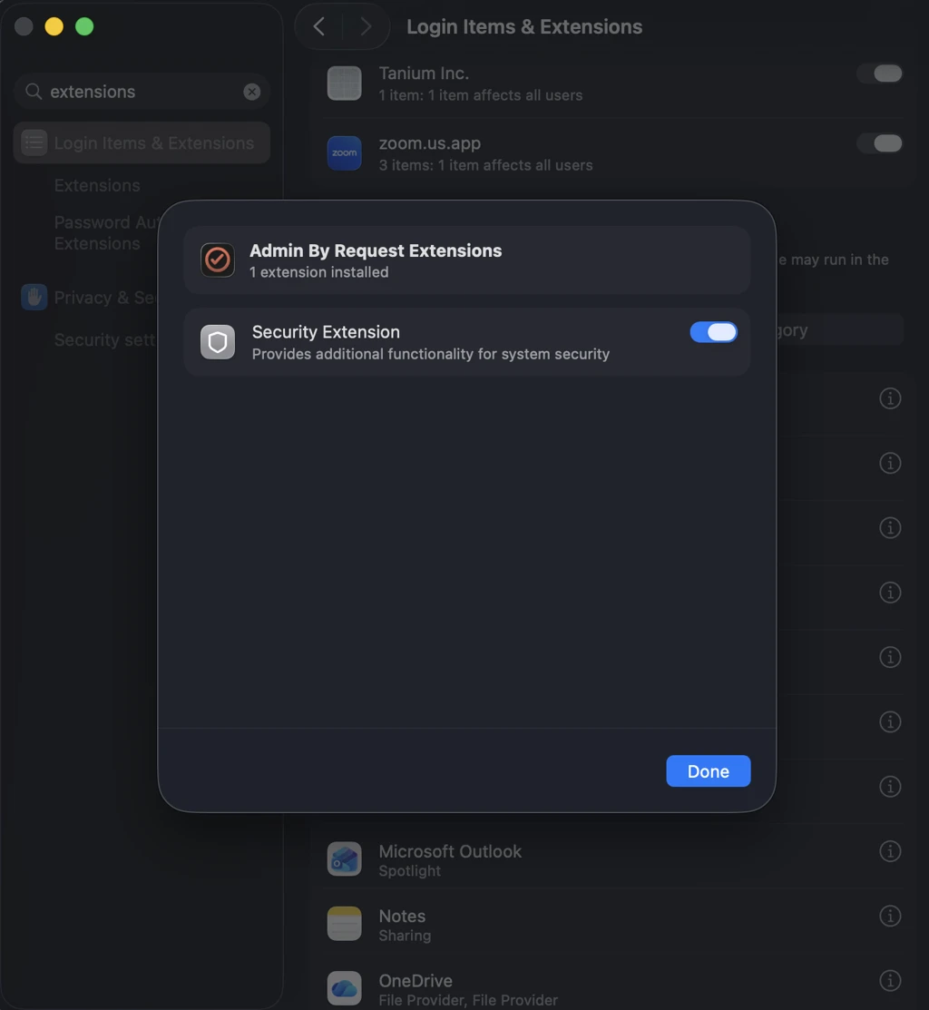 Allow Security Extension for Admin By Request