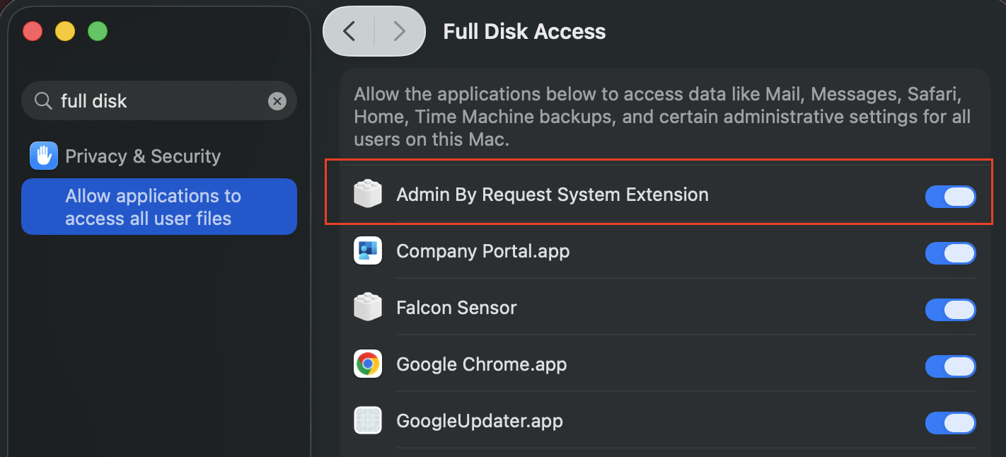 Full Disk Access settings for Admin By Request