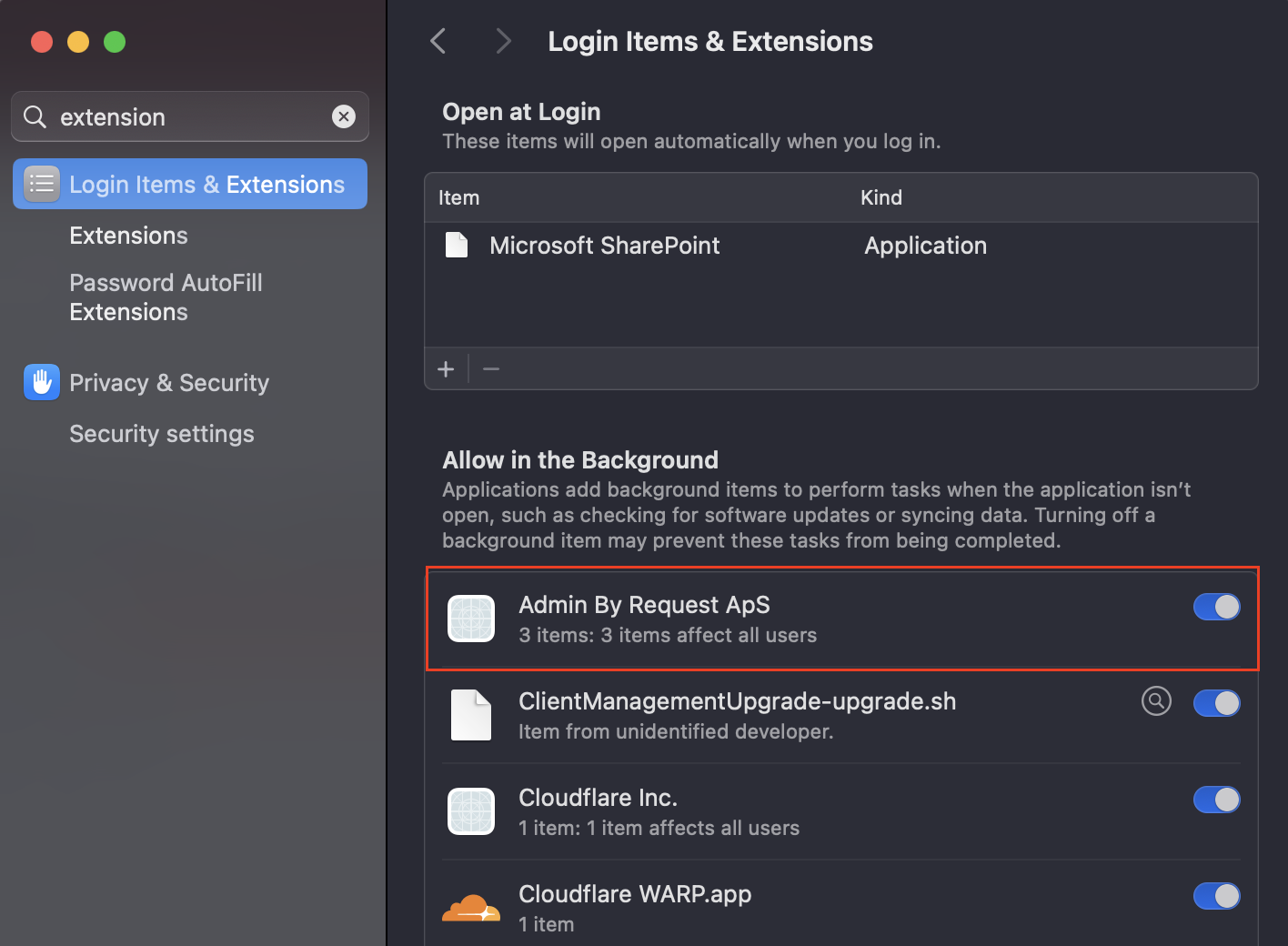Login Items and Extensions for Admin By Request