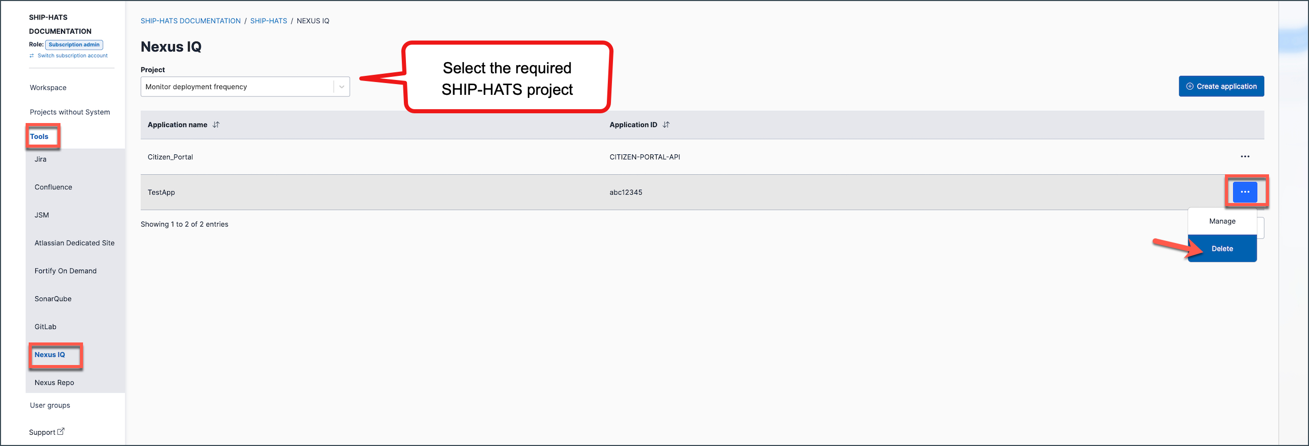 delete-nexus-iq-application