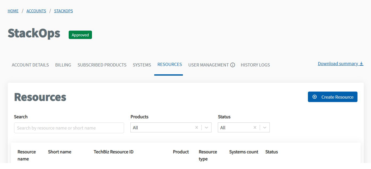Screenshot of Console UI, showing the Resources tab in a subscription account.