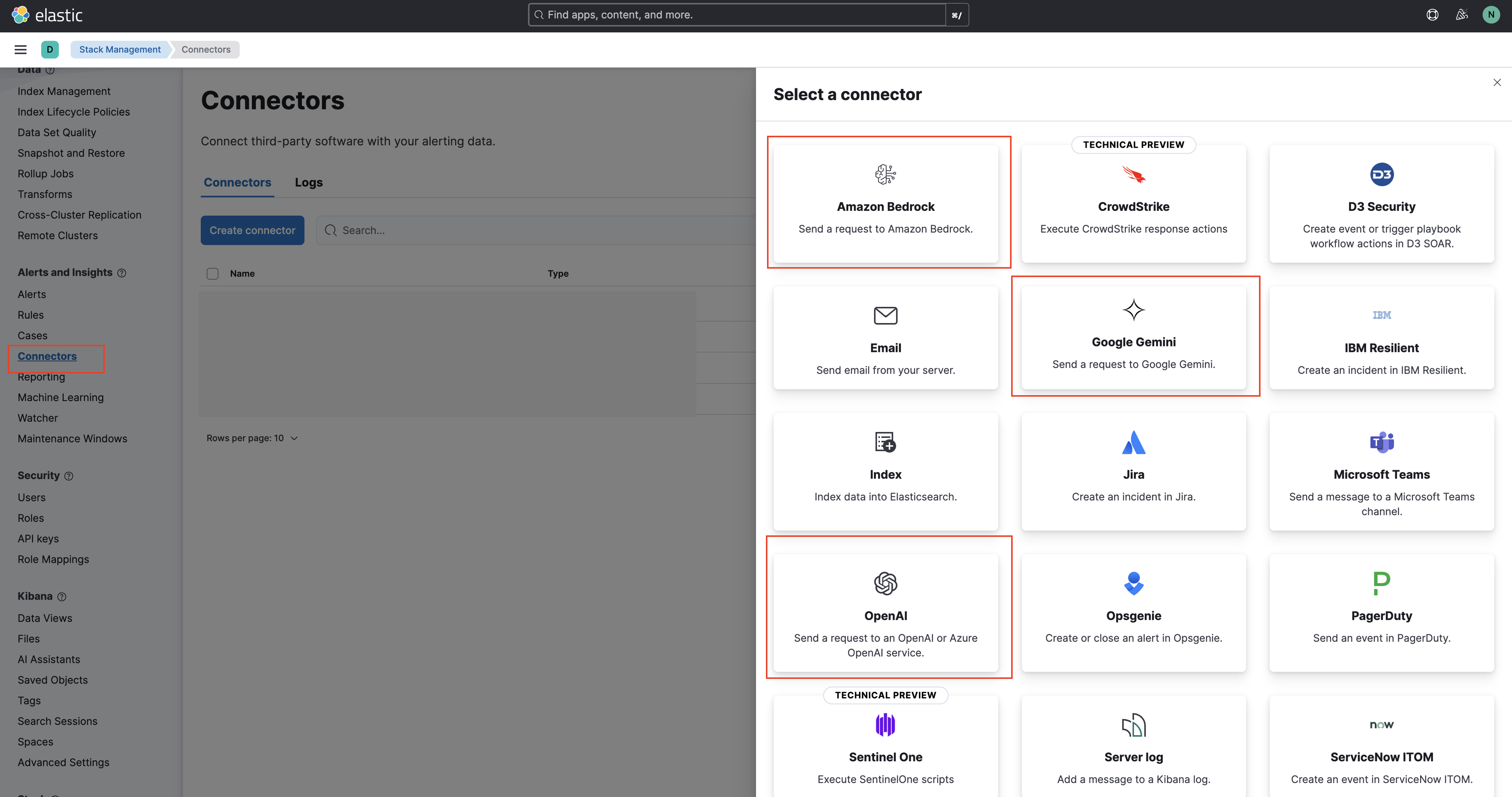 Screenshot of the LLM connector options in Kibana.