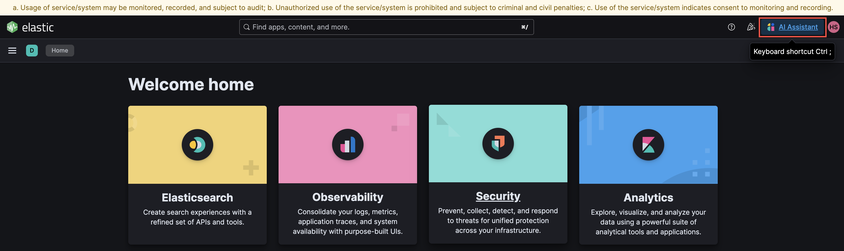 Screenshot of a Default space in Kibana, showing the AI Assistant shortcut