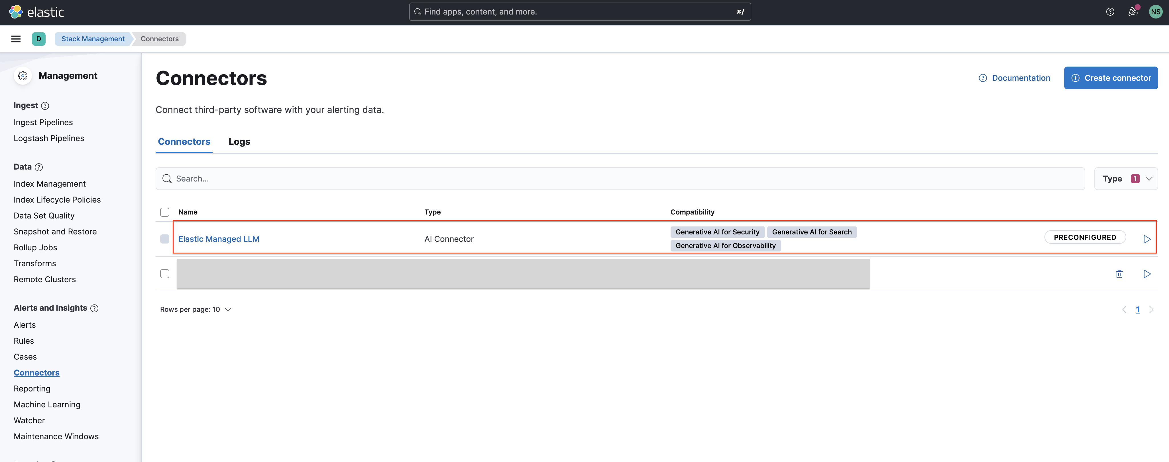 Screenshot of Kibana UI, showing the Elastic Managed LLM in the Connectors screen.