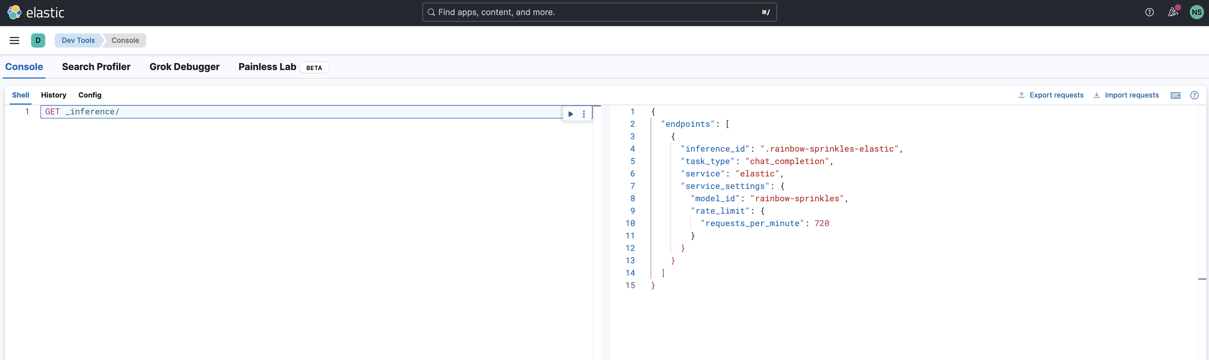 Screenshot of Kibana UI, with rainbow-sprinkles-elastic used for inference tasks.