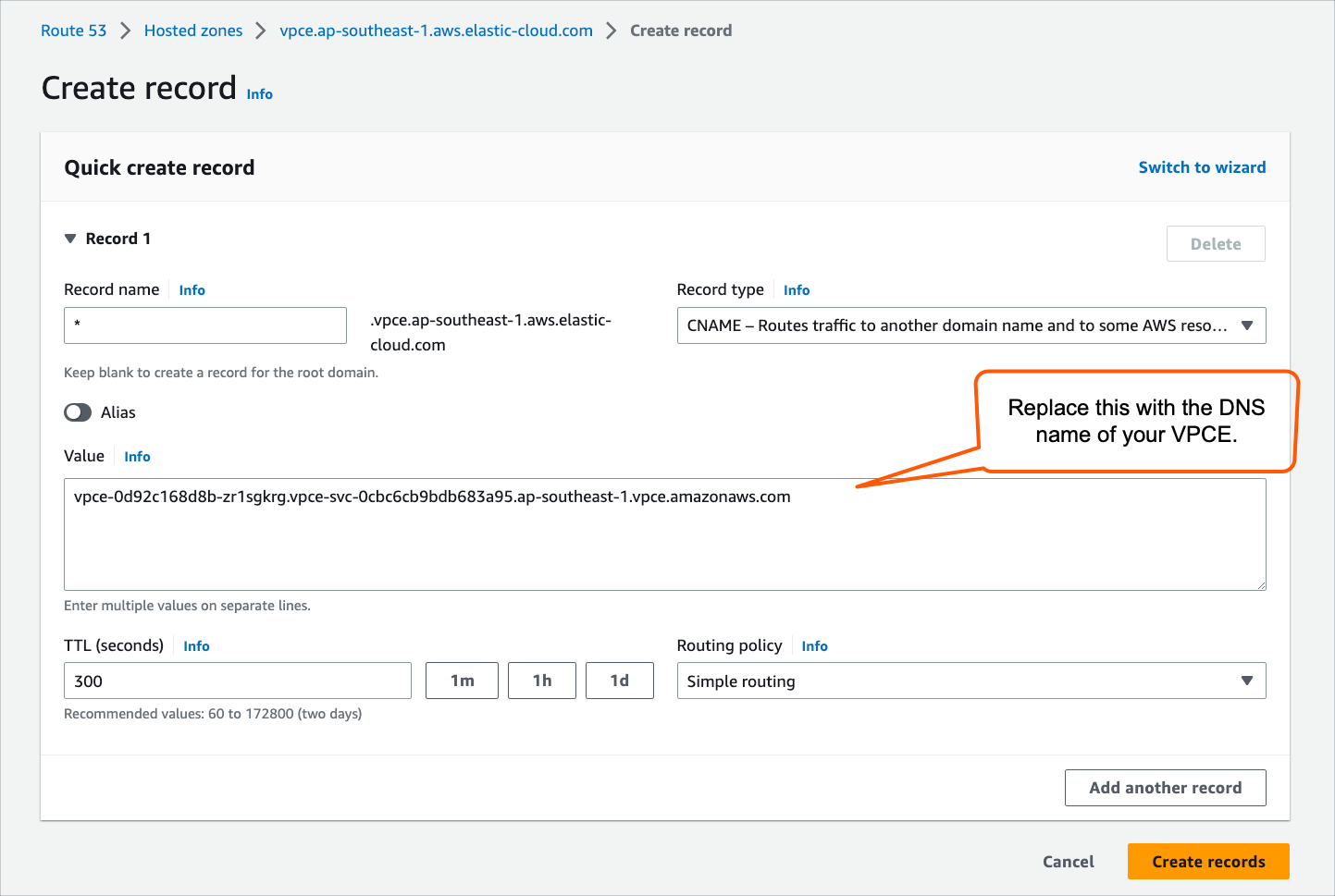 Screenshot of DNS record creation screen in AWS, displaying the required configuration for Record name, Record type, TTL (seconds), and Routing policy.