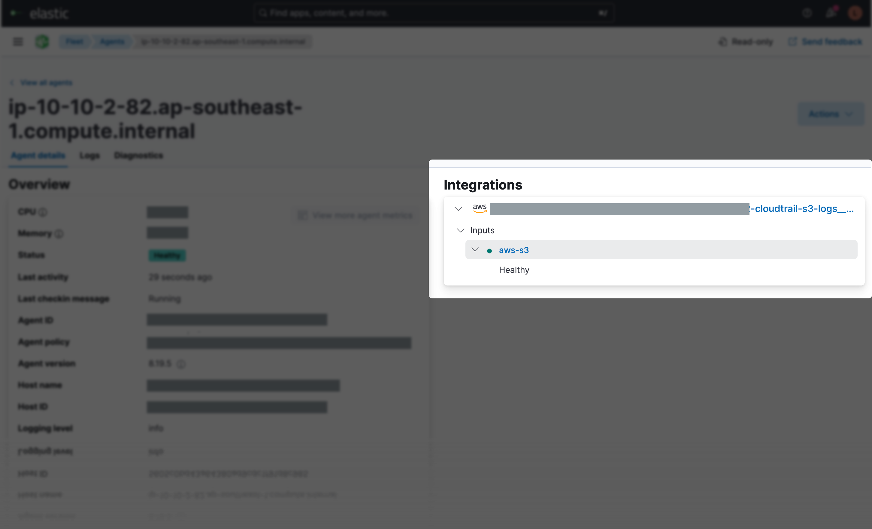 Screenshot of Kibana UI, showing the agent details in Management > Fleet.