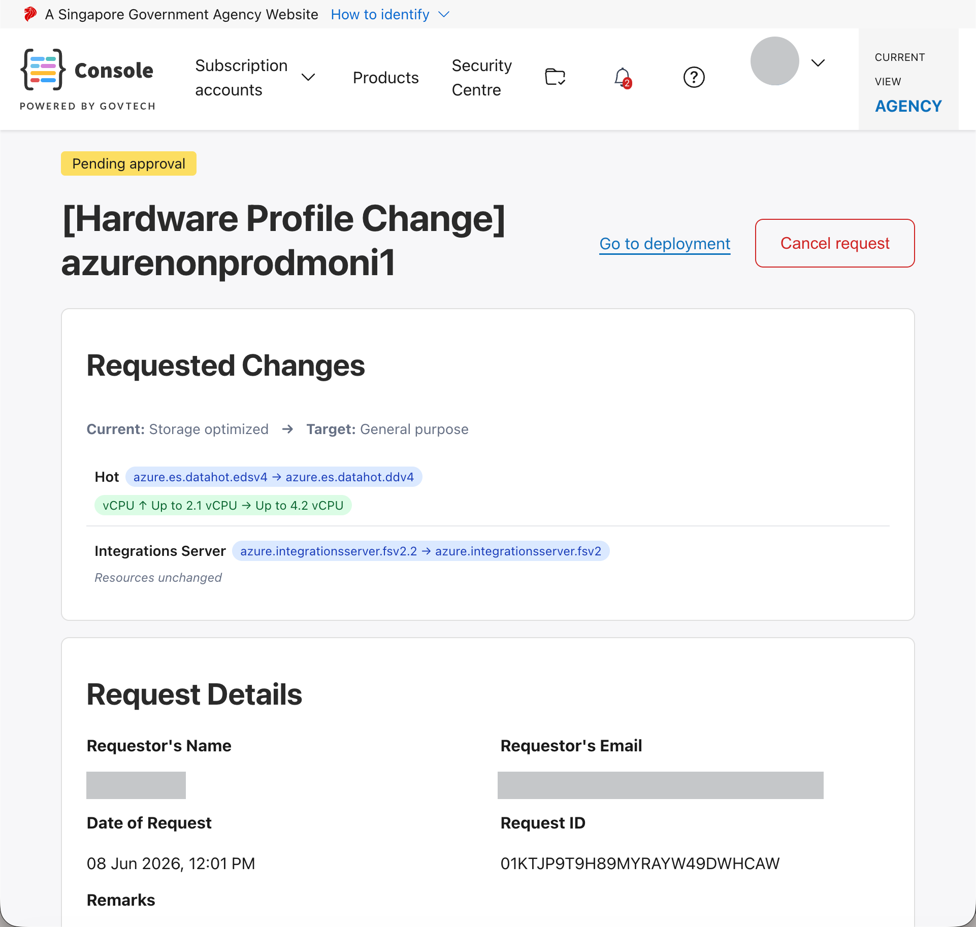 Screenshot of Console UI, showing a change request that is pending approval.