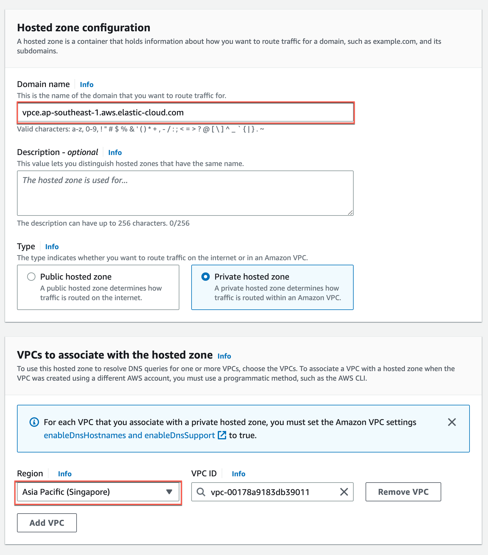 Composite screenshot of the configuration screens in AWS, displaying the required configuration for Domain name and Region.