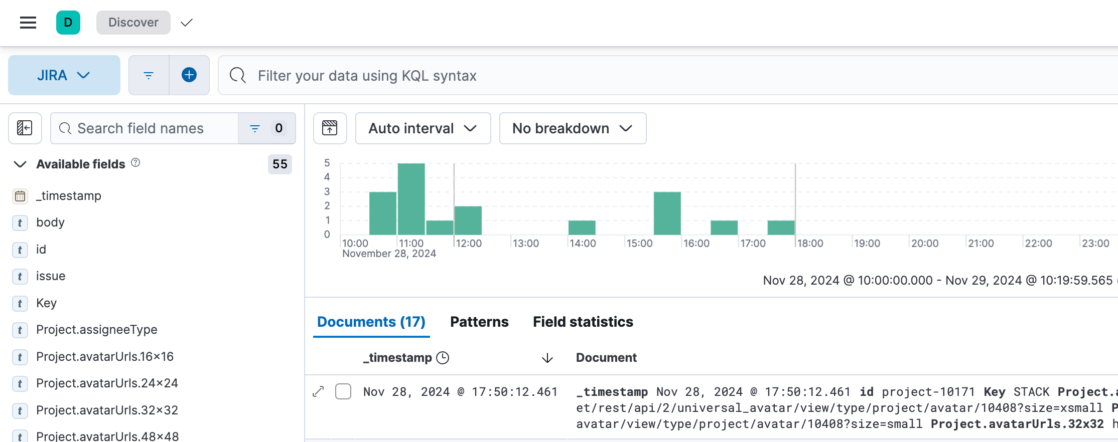 elastic jira data results