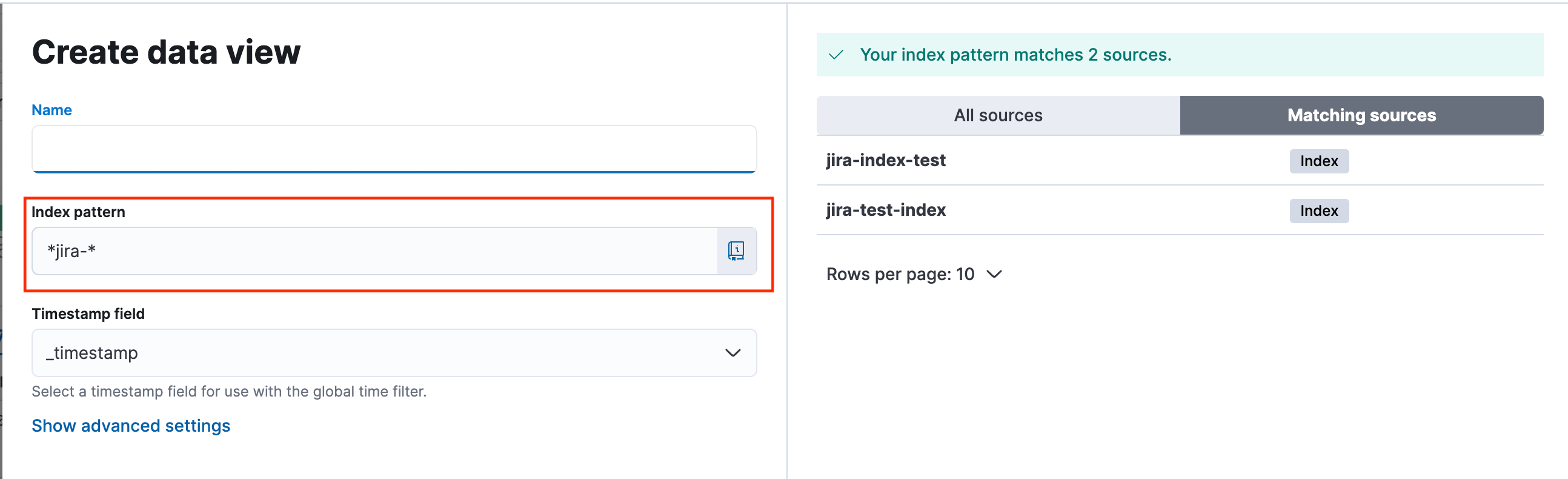 elastic jira create data view