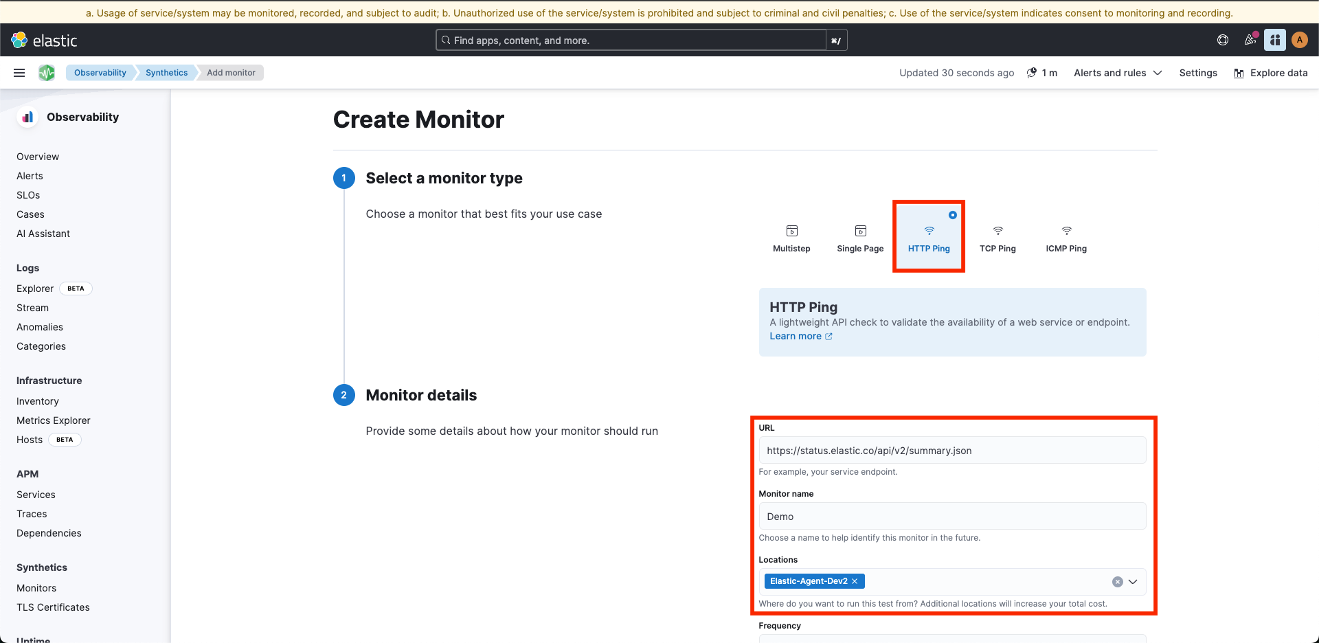 Create Ping monitor details