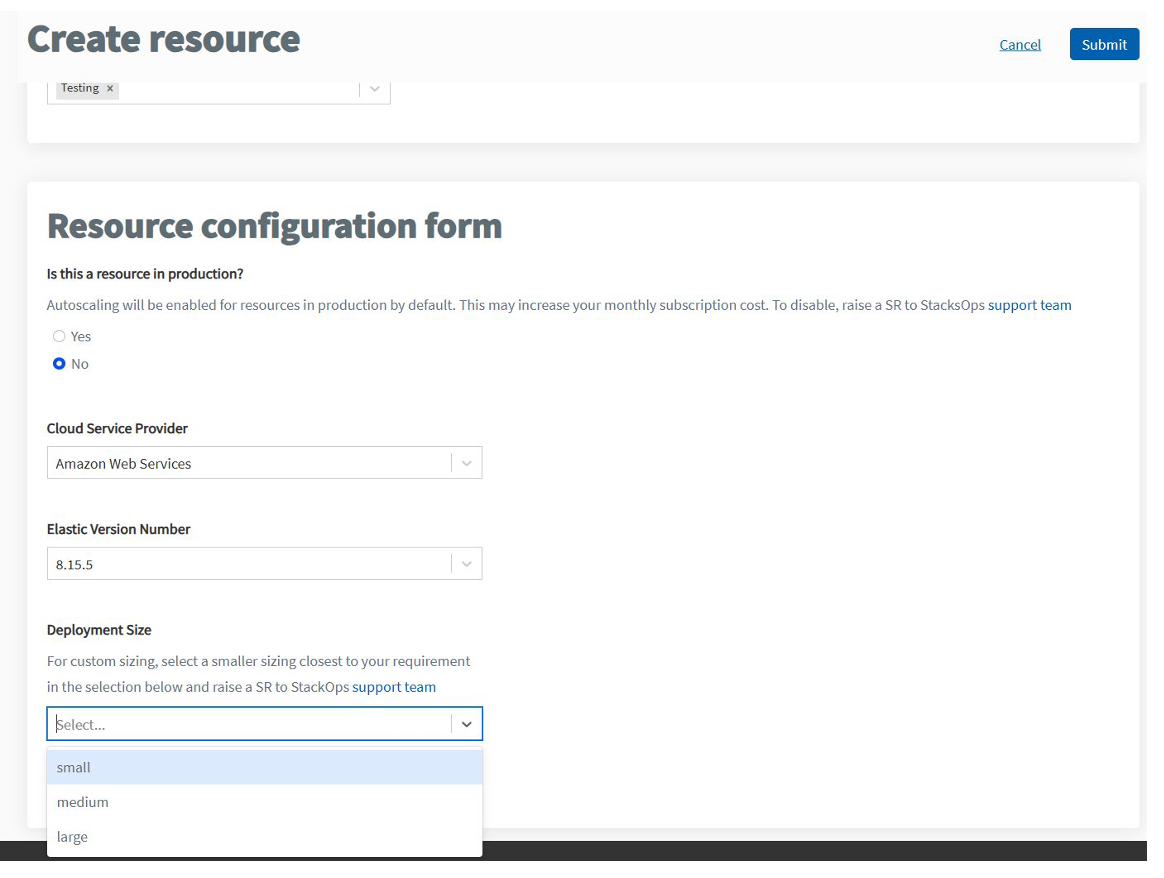 Screenshot of Console UI, showing the Resource configuration form section.