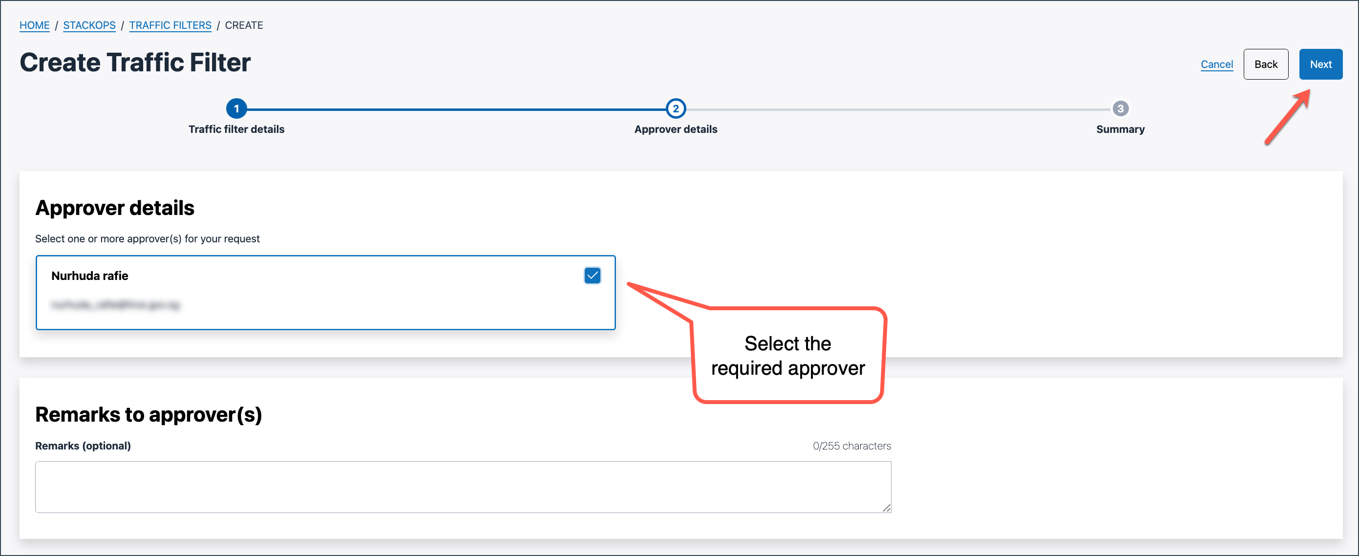 Screenshot of Console UI when creating traffic filters, showing the fields for Approver details and Remarks.
