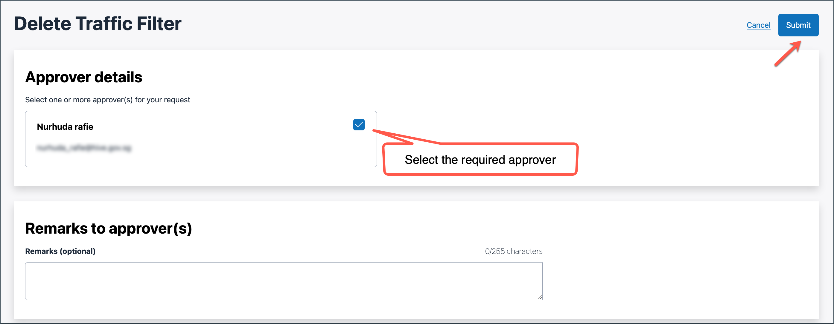 Screenshot of Console UI when deleting traffic filters, showing the fields for Approver details and Remarks.