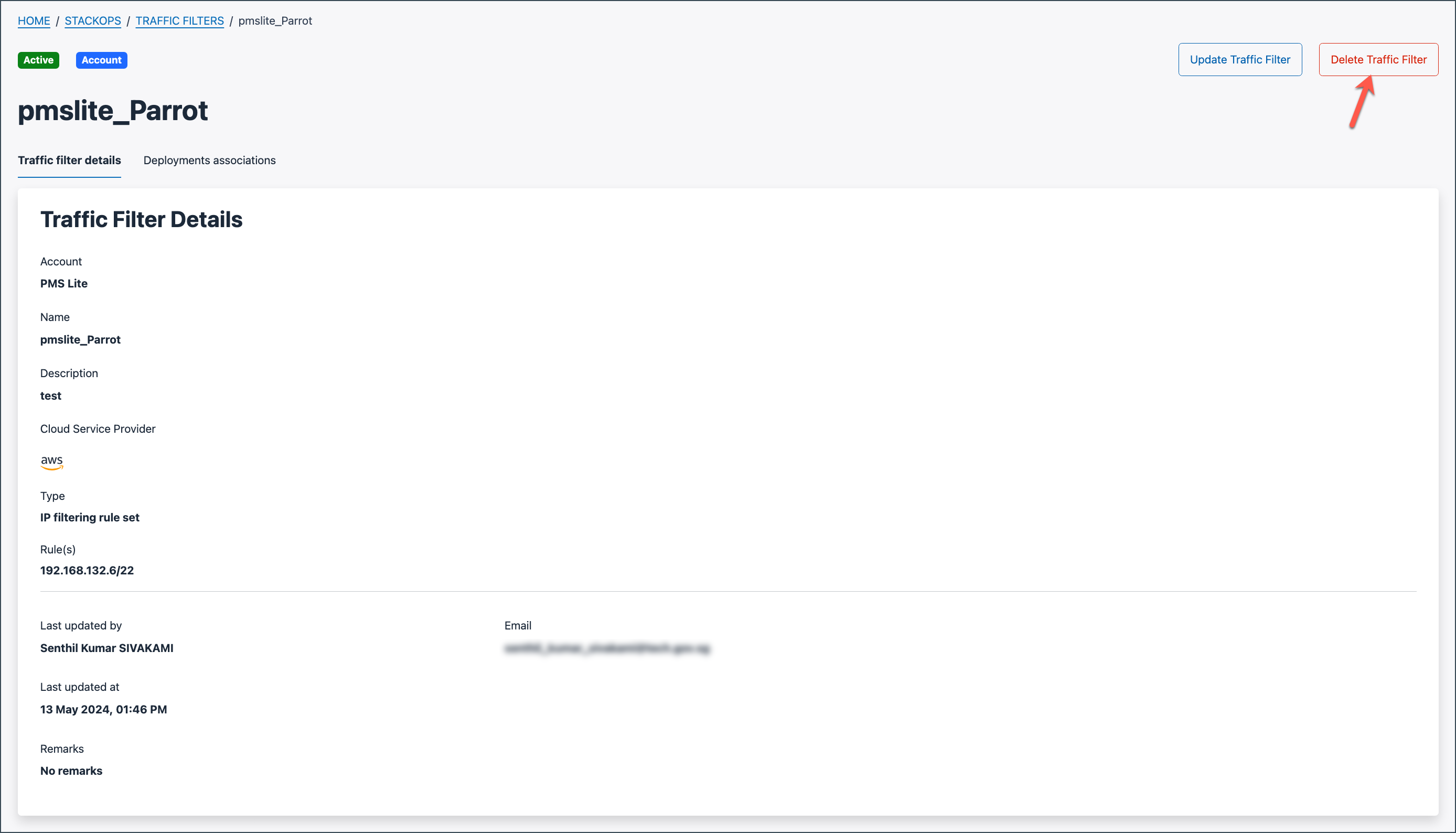 Screenshot of Console UI, showing the Delete Traffic Filter button.
