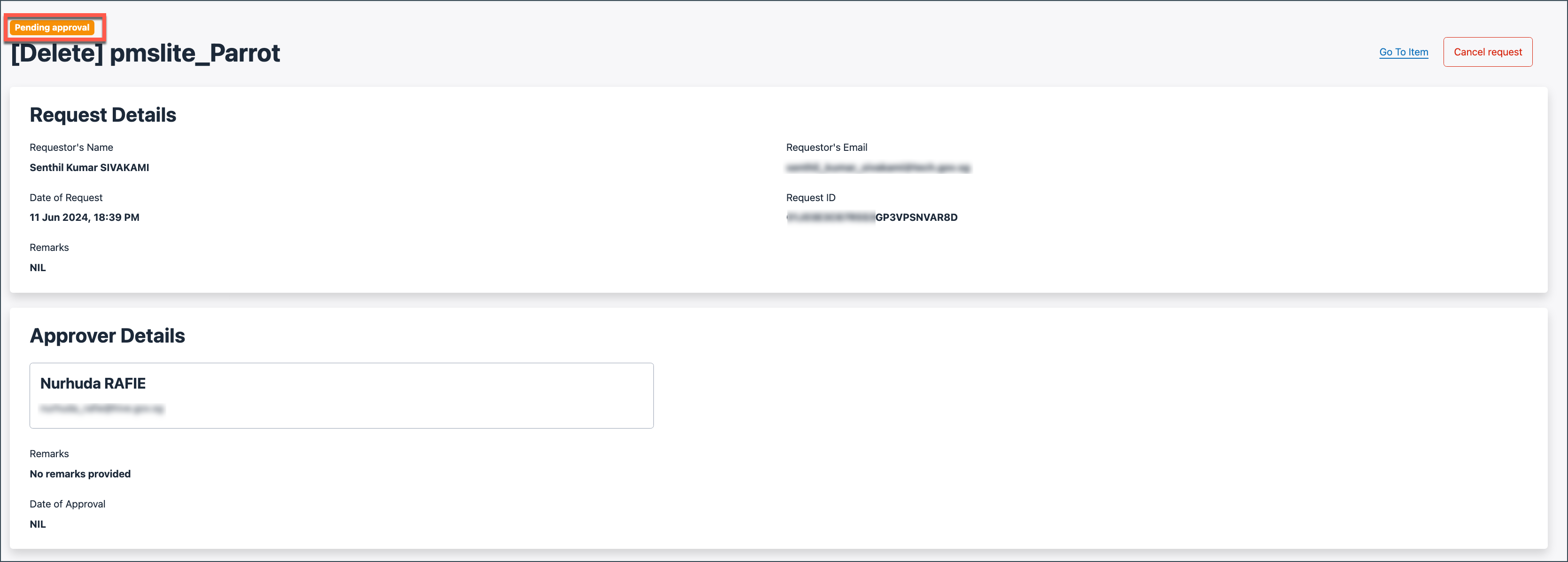 Screenshot of Console UI showing the deletion request.