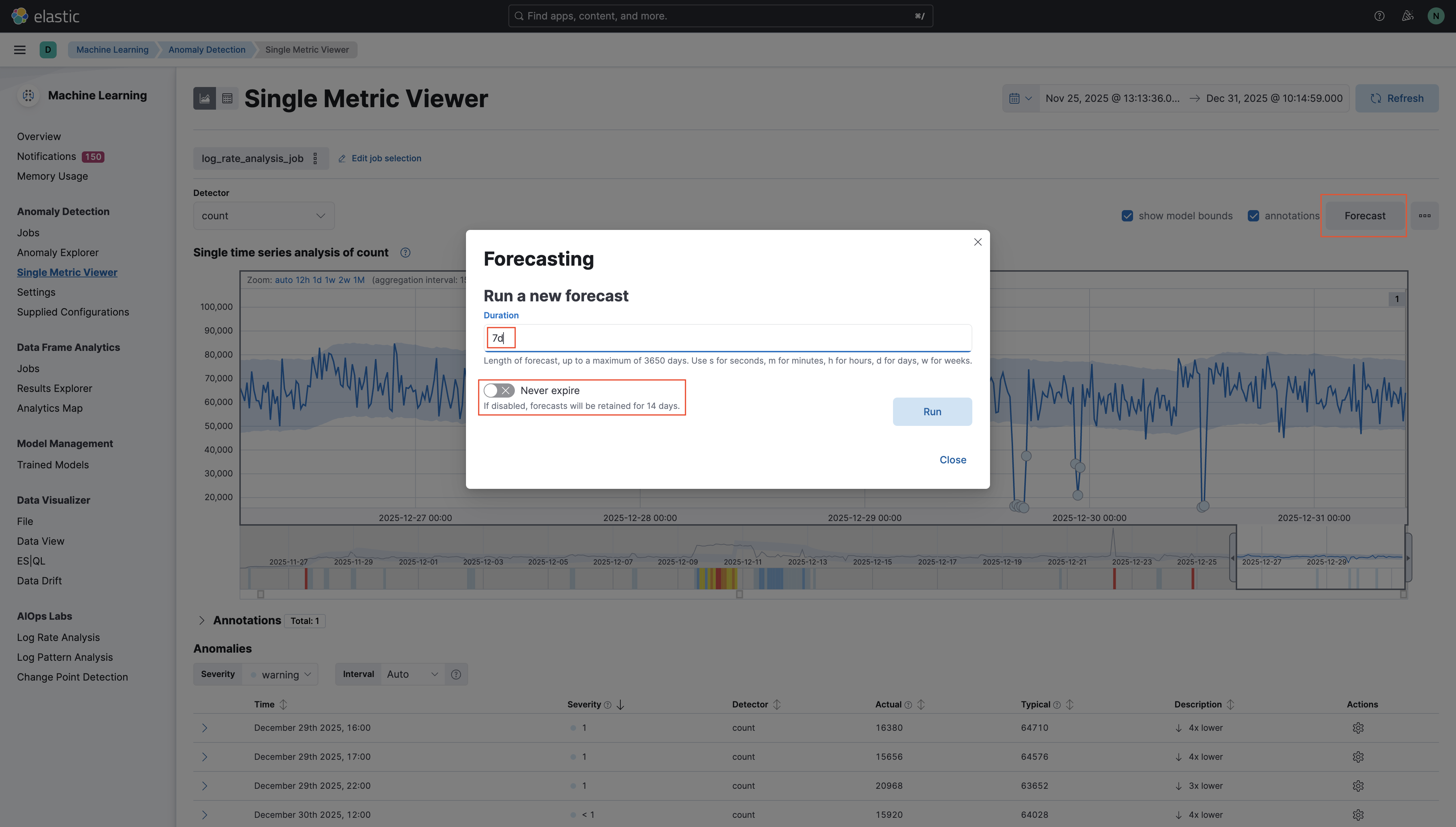Screenshot of Elastic Kibana UI, showing the forecast configuration options.